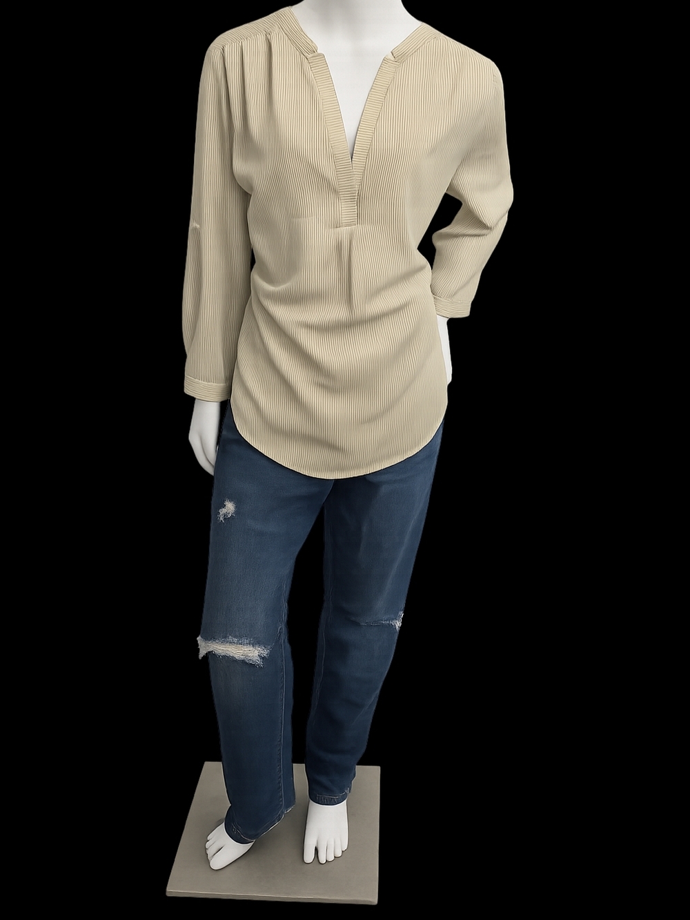 Beige Split-Neck Blouse for Women - Casual Lightweight Top
